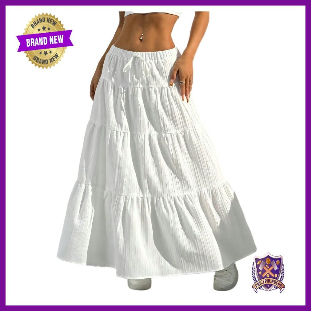 Boho Flowy Flared Maxi Skirt Elastic High Waist Tiered A-Line Long